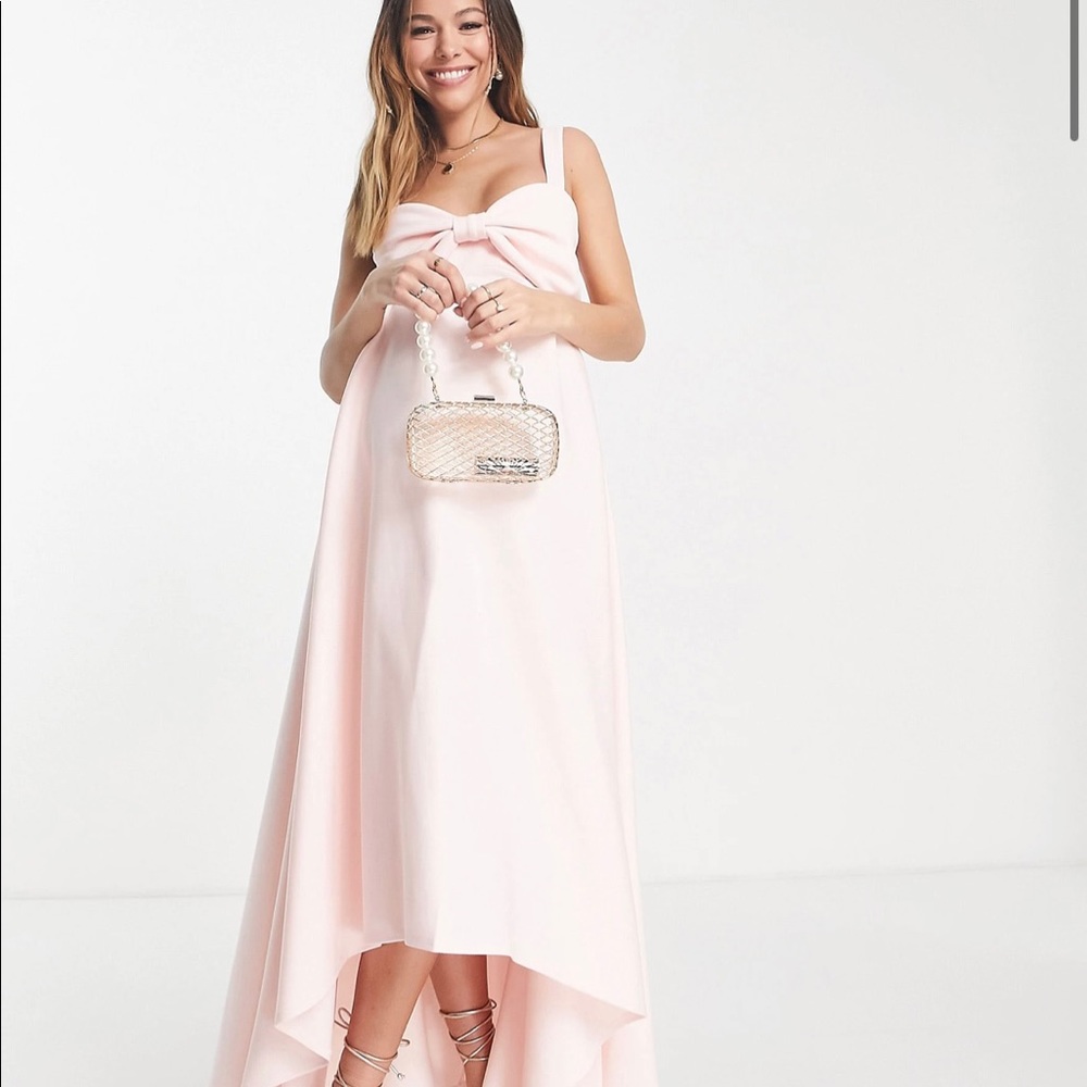 True Violet Maternity how front high low midi dress in blush pink